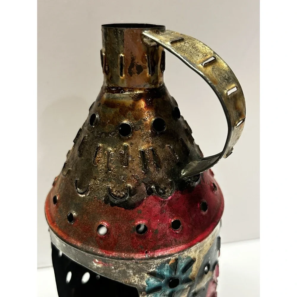 Vintage Handmade Mexican Punched Tin Lantern Luminary Folk Art Candle Holder